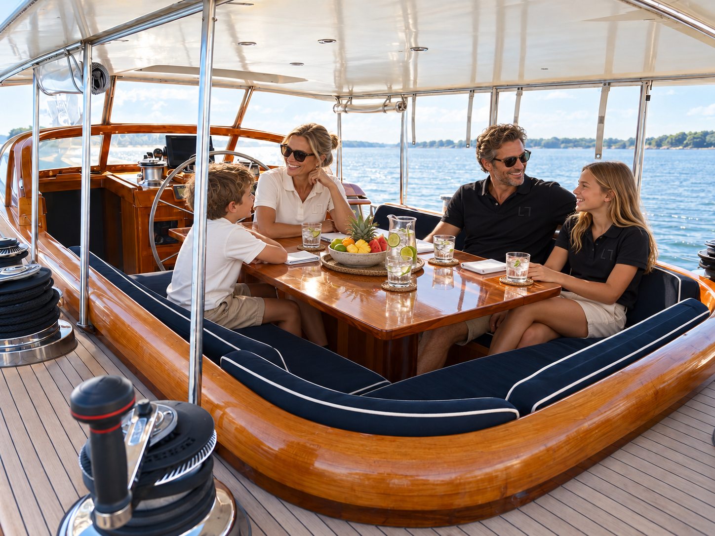 A family at the cockpit table of Lauren L at anchor, fruit and iced water between them