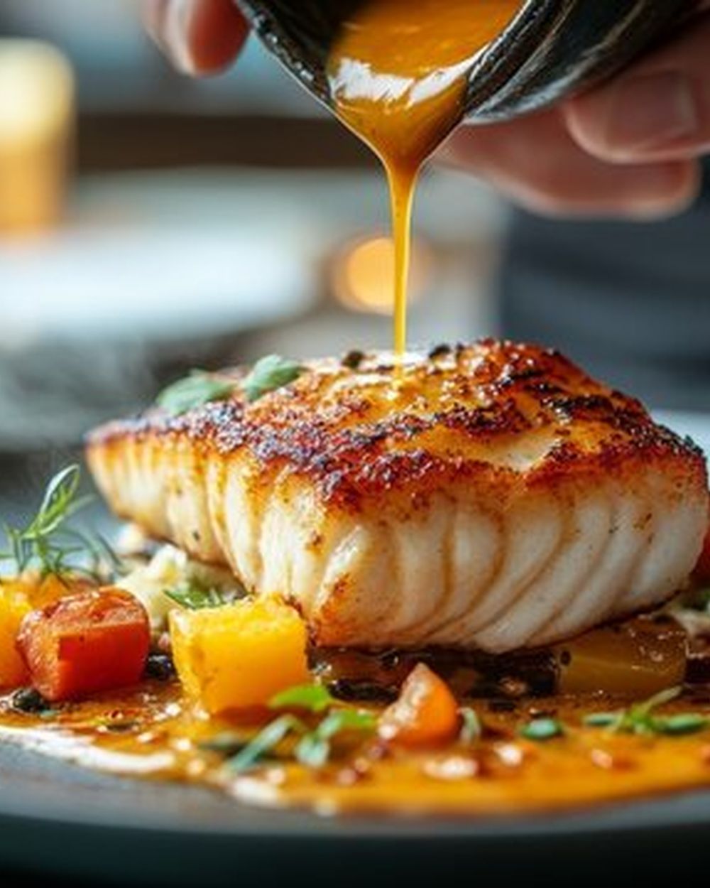 Reference image: a fish main course being finished with sauce