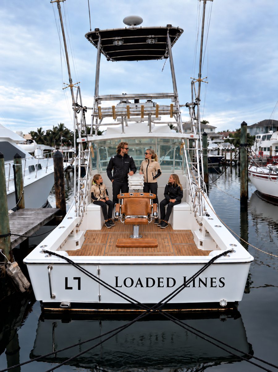 Loaded Lines stern-to at the dock, her name on the transom and four people in the cockpit under the tower