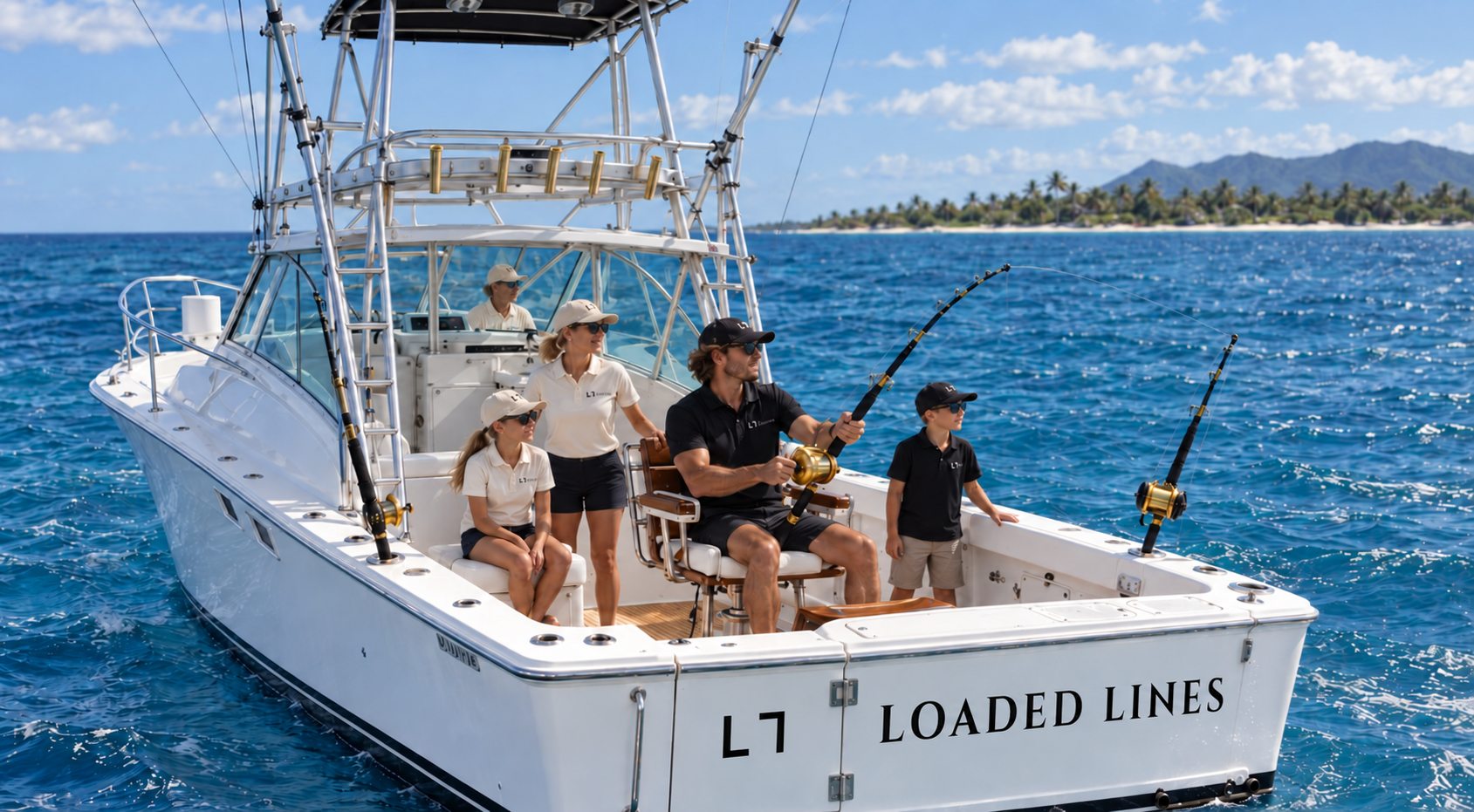 Loaded Lines offshore, her name on the transom, a rod bent in the fighting chair